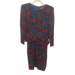 Vintage Dress Stained Glass Mosaic Print  Bow Detail Size 8 Parnes Feinstein